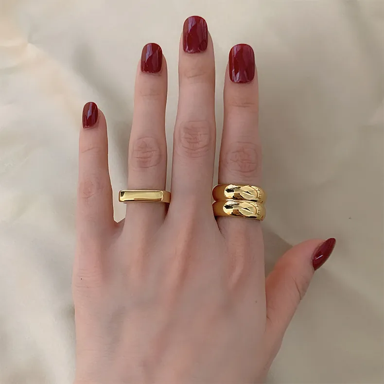 Women Titanium Steel Ring 18K Gold Plated Wide Exaggerated Geometric Polished Minimalist Signet Finger Jewelry