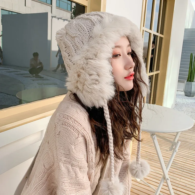 Women Winter Knitted Ear Protection Hat Rabbit Hair Blend Polyester Thickened Warm Trapper Hat With Pom-poms Fashion Hat