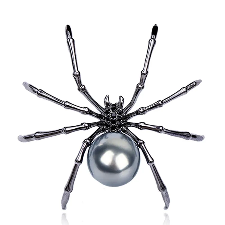 Spider Brooch Alloy Artificial Pearl Rhinestone Gothic Vintage Insect Halloween Suit Jewelry Pin Accessory For Women Men