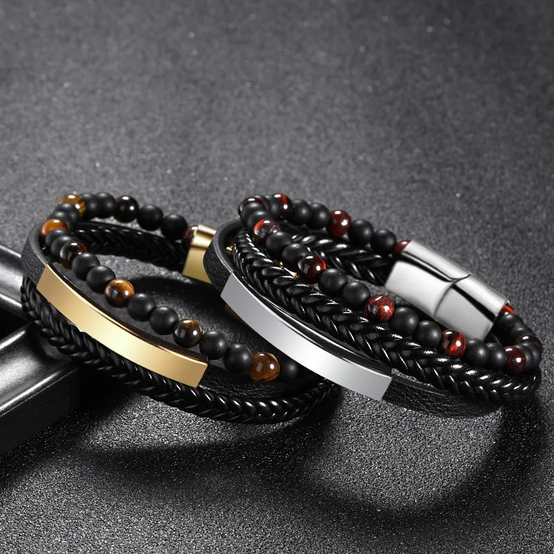 Men Multi Layer Bracelet Braided Genuine Leather Tiger Eye Stone Lava Beads Alloy Magnetic Buckle Retro Casual Jewelry