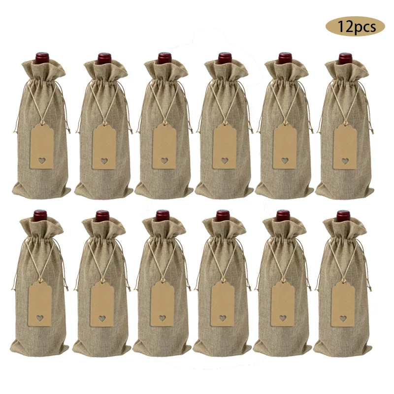 Wine Bottle Gift Bags Burlap Linen Jute Drawstring Cover For Wedding Party Christmas Celebration Rustic Natural Dustproof