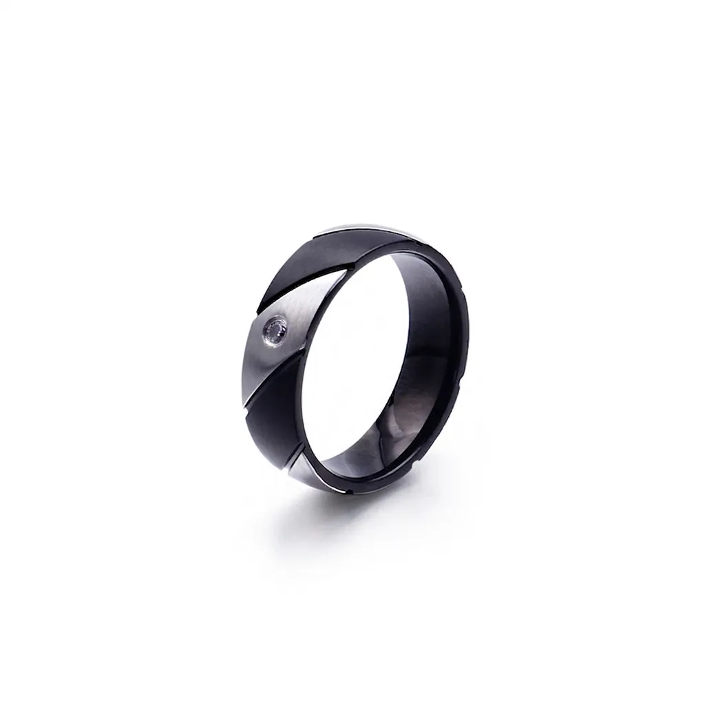 Stainless Steel Ring Diagonal Twill Two Tone Zircon Inlay Brushed Matte Industrial Punk Style Jewelry For Men Unisex