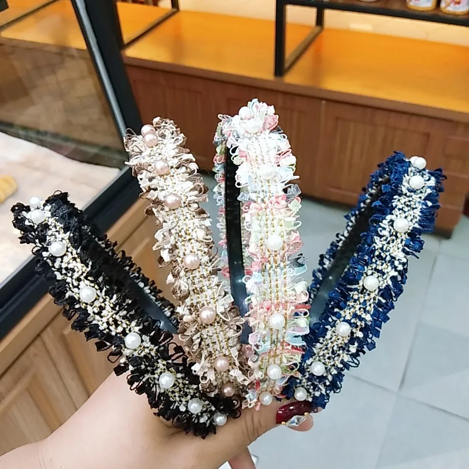 Elegantes Damen Tweed Stirnband Breit Künstliche Perle Haarband Koreanischer Stil Haarschmuck Süß Vintage Kopfschmuck