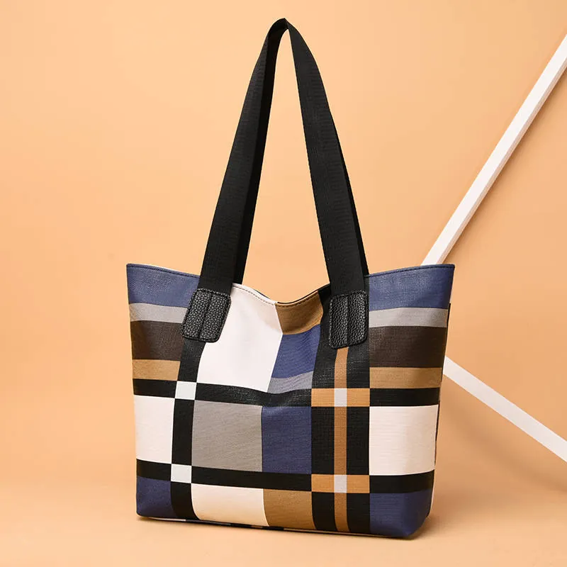 Women Large Capacity Tote Bag PU Leather Plaid Pattern Waterproof Shoulder Handbag Casual Commuter Fashion