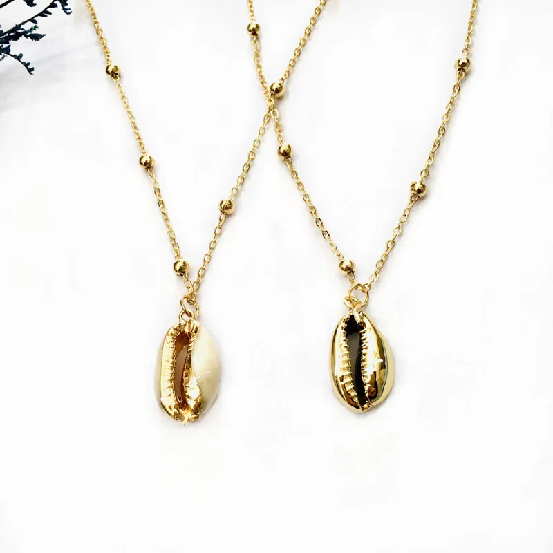 Collier Pendentif Coquillage Cauri Naturel Bohème Bord Doré Chaîne À Billes En Alliage Bijoux Pour Femmes