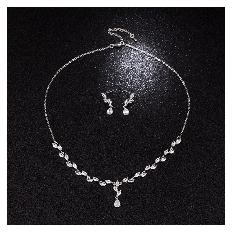 Collana E Orecchini In Rame E Zircone A Forma Di Foglia Per Donna Matrimonio Banchetto Gioielli Eleganti Argento
