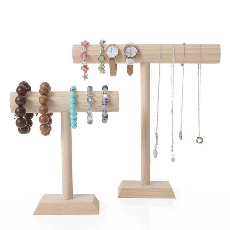 Solid Wood Jewelry Display Stand T-Bar Bracelet Holder Watch Organizer Rack Necklace Storage Tabletop Minimalist Natural