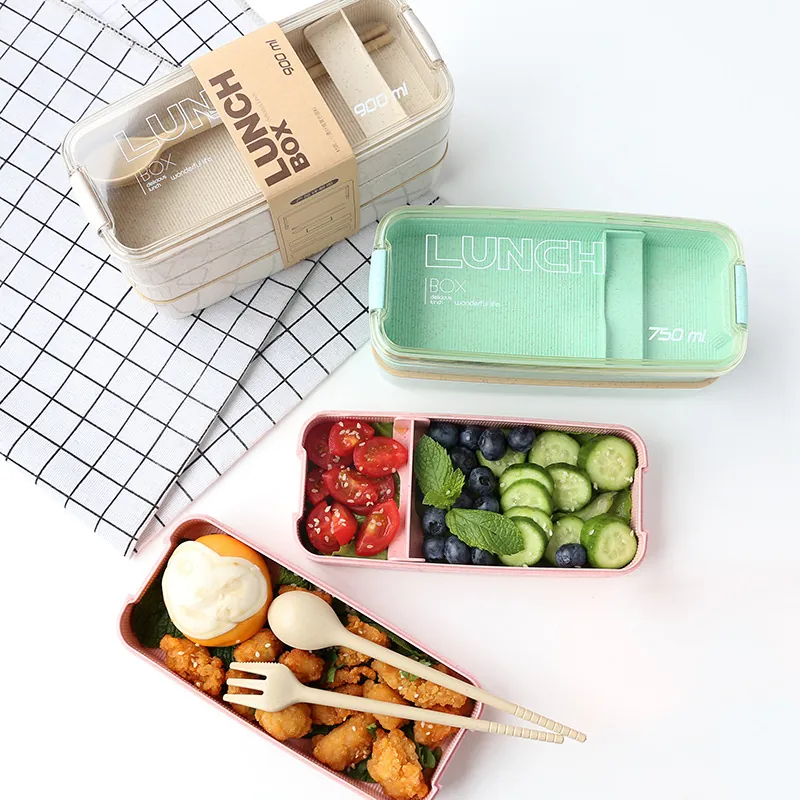 Wheat Straw Fiber Bento Lunch Box Multi Layer Portable Food Storage Container With Cutlery For School Office