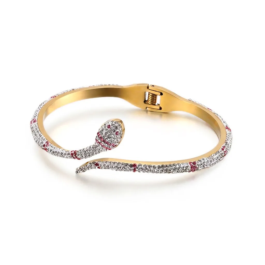 Bracelet Jonc Serpent En Acier Inoxydable Strass Zircon Incrusté Charnière Pour Femmes Bijoux Élégants