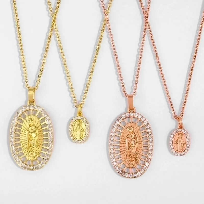 Virgin Mary Pendant Necklace 18K Gold Plated Copper Micro Pave Cubic Zirconia Religious Jewelry Elegant For Women
