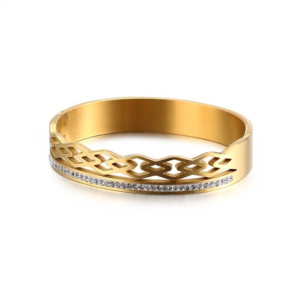 Bracelet Jonc Géométrique Creux En Acier Inoxydable Avec Strass Élégant Bijoux Femme Plaqué Or 18K
