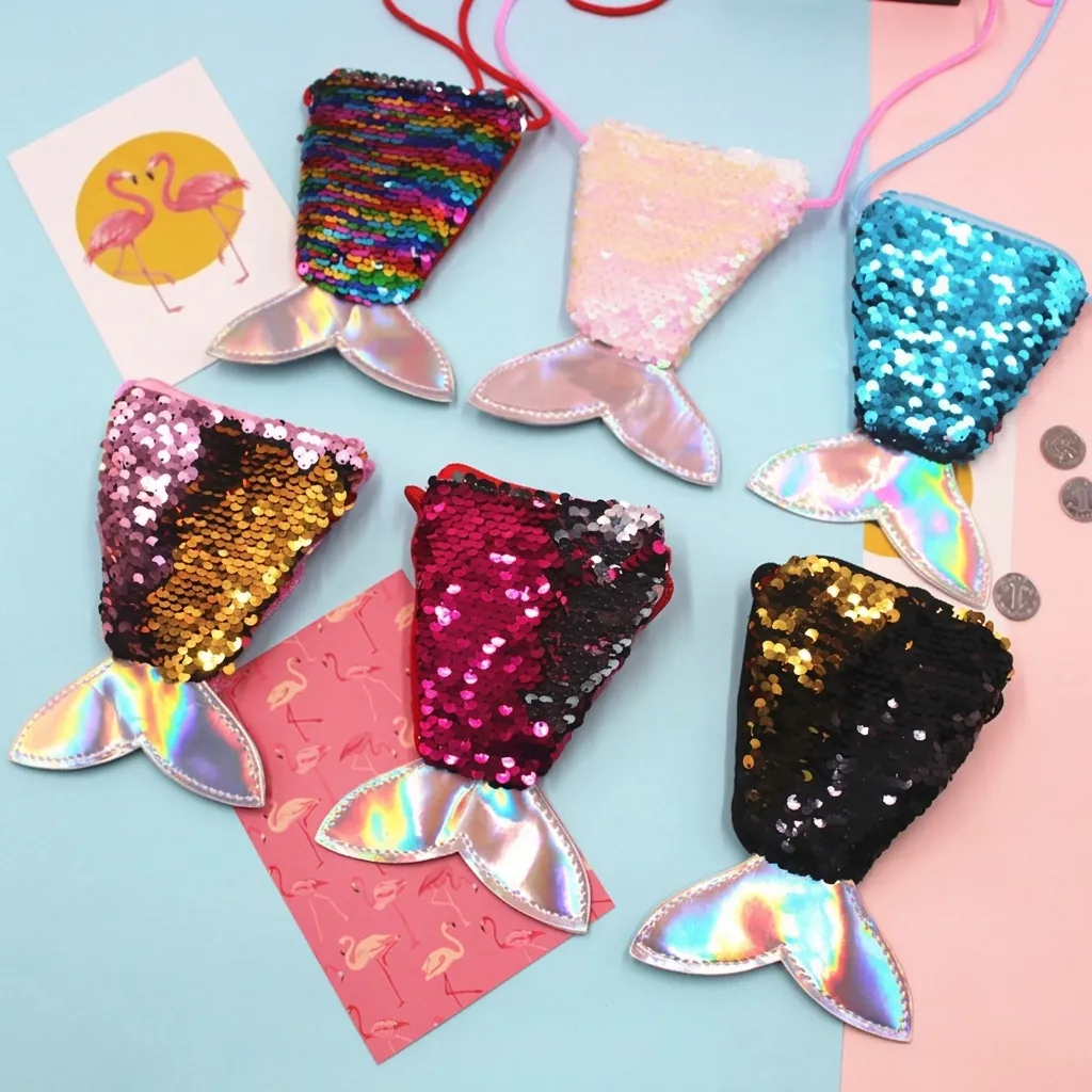 Mermaid Tail Sequin Coin Purse Kids Crossbody Bag Reversible Holographic Tail Lanyard Small Wallet Girls