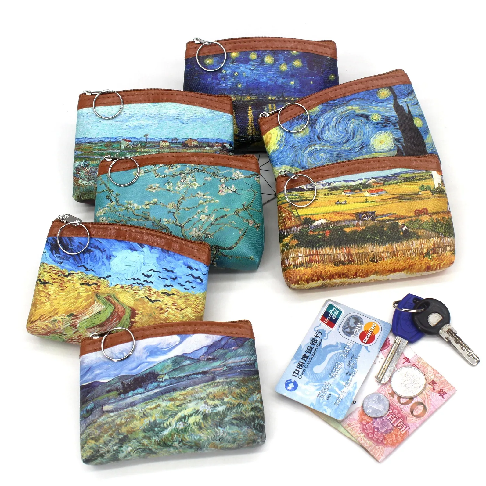 Retro Artistic Oil Painting Print Coin Purse PU Leather Mini Wallet Zippered Pouch With Key Ring Portable Women Small Bag