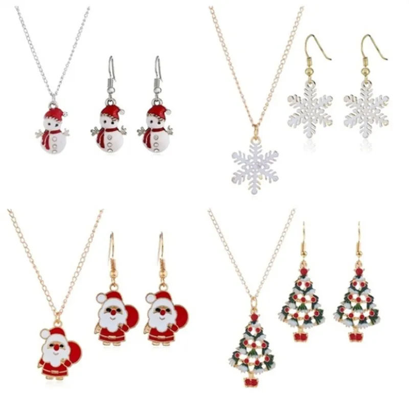 Cartoon Christmas Necklace And Earrings Enamel Alloy Rhinestone Santa Snowman Tree Snowflake Cute Holiday Jewelry Gifts