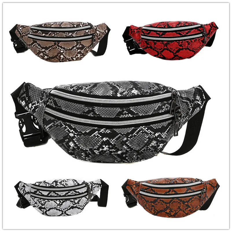 Fashion Snakeskin Print Waist Bag PU Leather Multi Zipper Chest Pack For Men And Women Outdoor Casual Streetwear Belt Bag