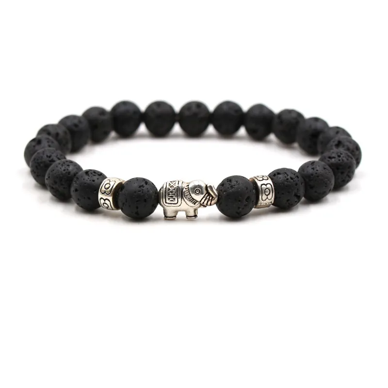 Natural Gemstone Beaded Bracelet Lava Stone Tiger Eye With Alloy Elephant Charm Ethnic Bohemian Style Unisex Jewelry