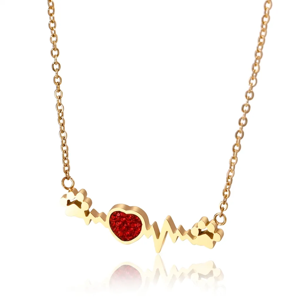 Collier Rythme Cardiaque En Acier Inoxydable Avec Cœur En Zircon Rouge Et Pendentif Patte De Chat Bijoux Mode Femme