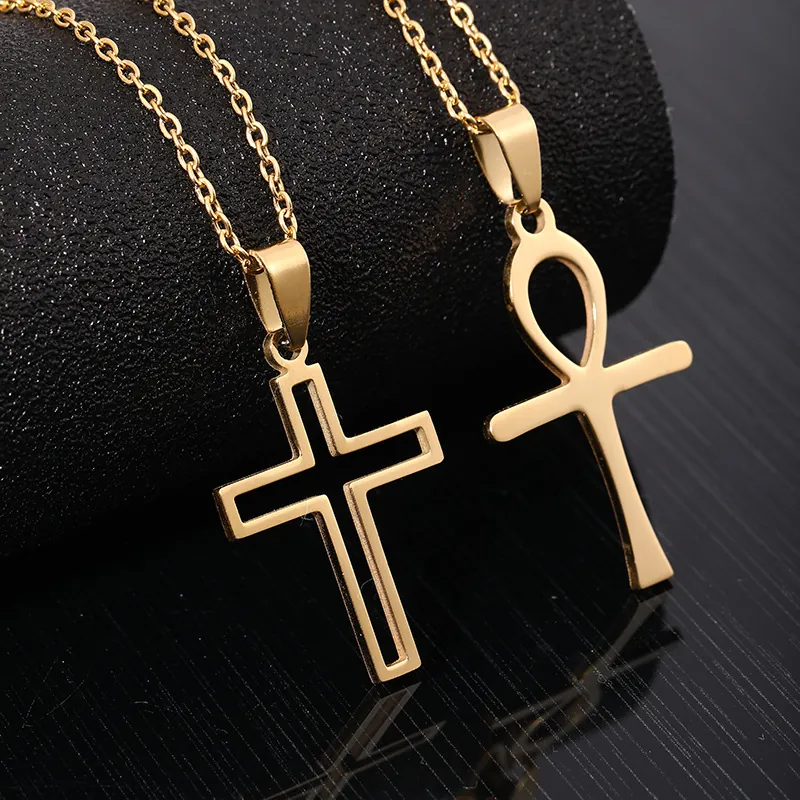 Stainless Steel Ankh Cross Pendant Necklace Religious Minimalist Jewelry For Men Women Hollow Life Symbol Accessory