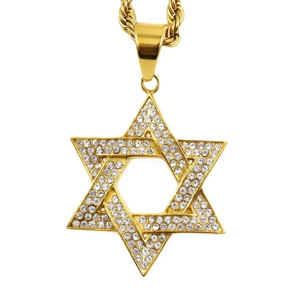 Star Of David Pendant Necklace Iced Out Rhinestone Stainless Steel Hip Hop Punk Vintage Jewelry For Men