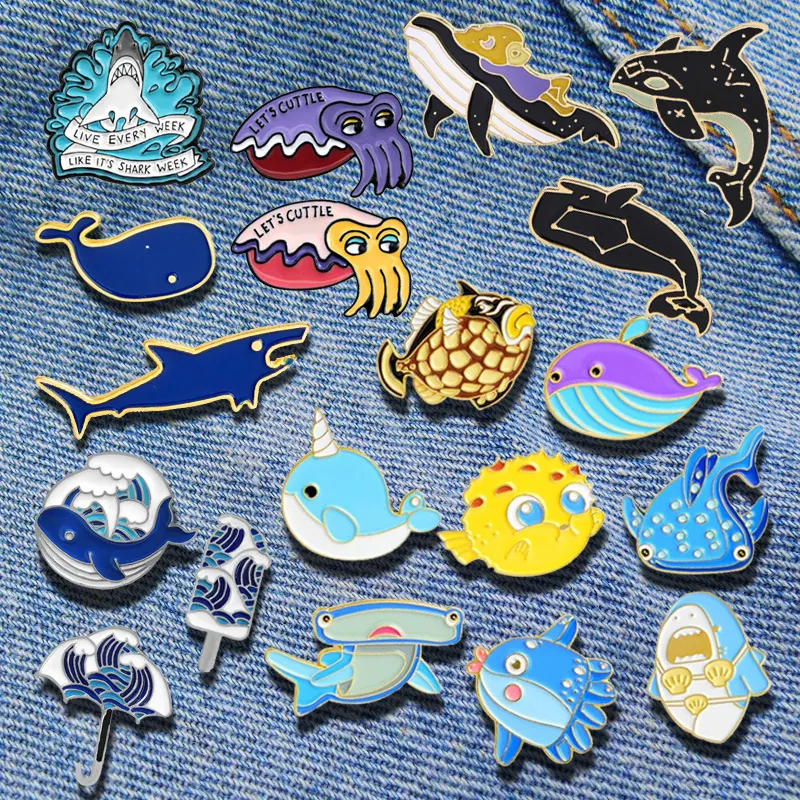 Ocean Animal Enamel Pin Brooch Shark Whale Dolphin Wave Pattern Alloy Lapel Badge For Backpack Denim Jacket Decor Cartoon Style