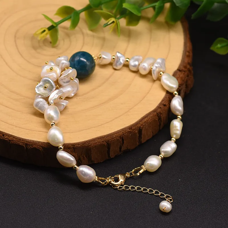 Baroque Freshwater Pearl Bracelet Natural Kyanite Gold Plated Copper Adjustable Extension Chain Vintage Geometric Jewelry