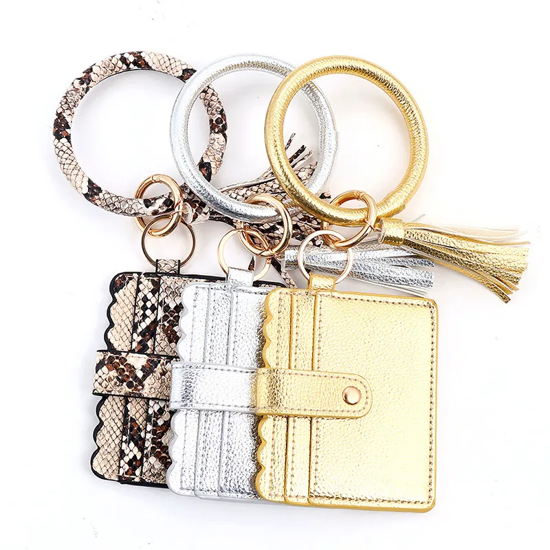 PU Leather Wristlet Keychain Card Holder Wallet With Round Bracelet Ring And Tassel Leopard Snake Pattern For Women