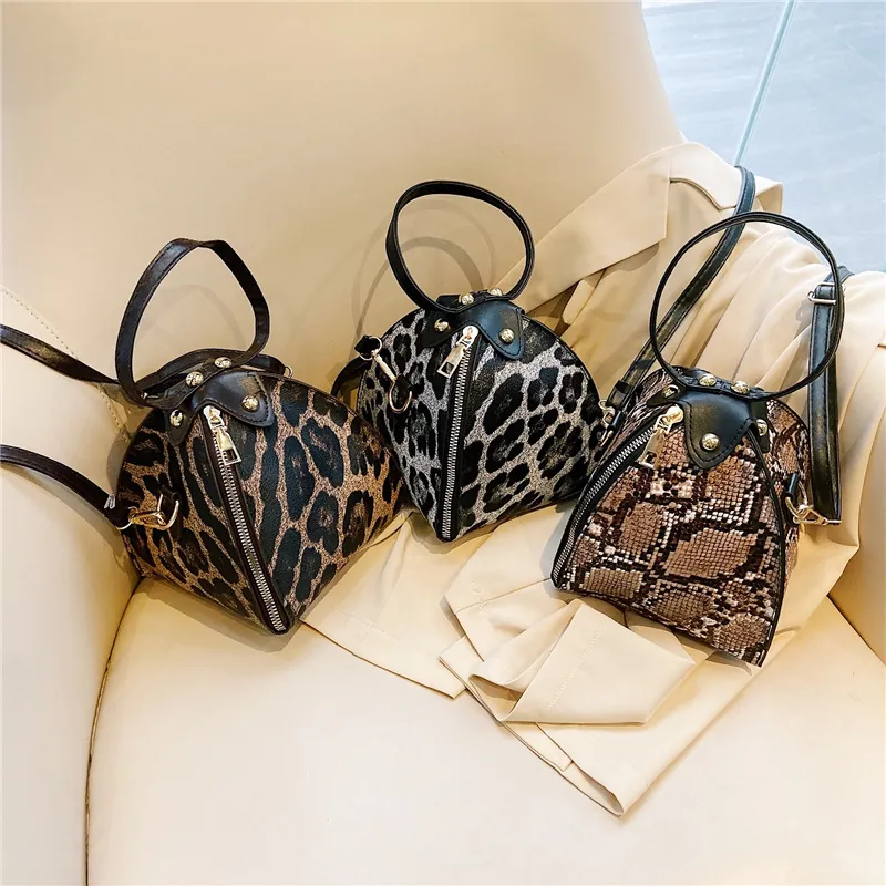 Women Triangle Pyramid Handbag PU Leather Leopard Snake Print Mini Crossbody Shoulder Bag With Round Handle