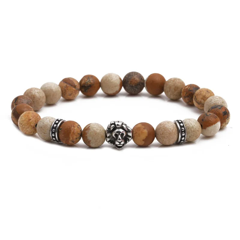 Bracelet Perles Tête De Lion Pierre Naturelle Acier Inoxydable Bijoux Punk Hip Hop Pour Hommes