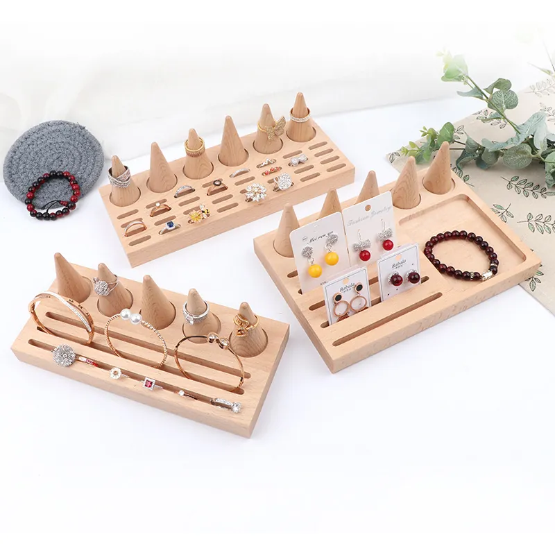 Beech Wood Jewelry Display Stand With Conical Ring Cones And Slots For Earring Cards Countertop Organizer Tray