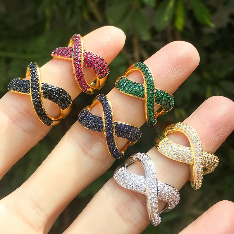 Anello Aperto a Croce Infinity con Zirconia Cubica Colorata per Donna in Rame Micro Pavé Anello Regolabile Gioielli Eleganti