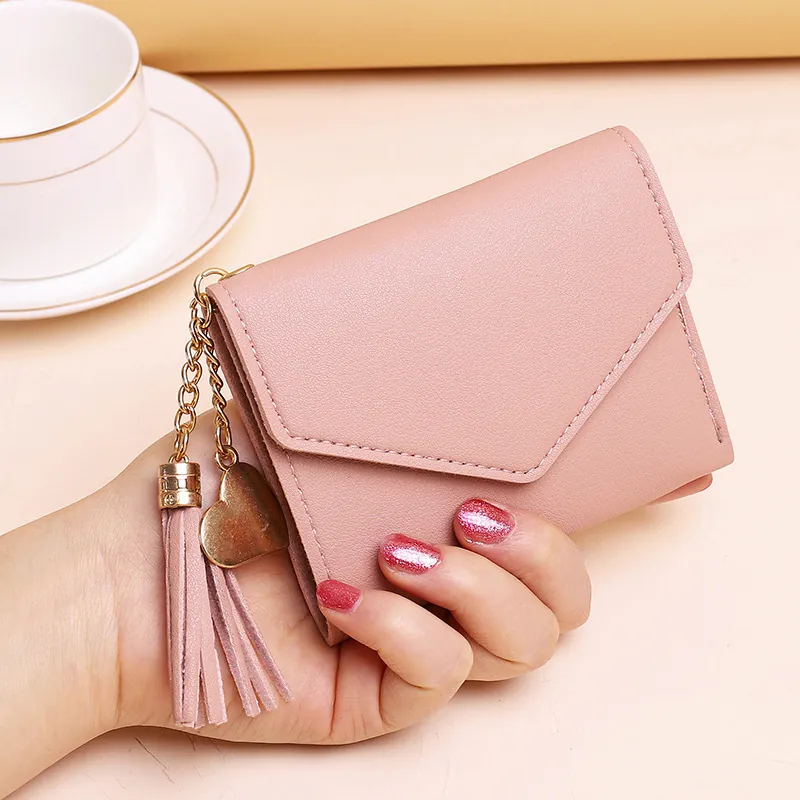 Women Wallet PU Leather Litchi Pattern Trifold Envelope Purse With Tassel Heart Pendant Multi Card Slots Student Handbag