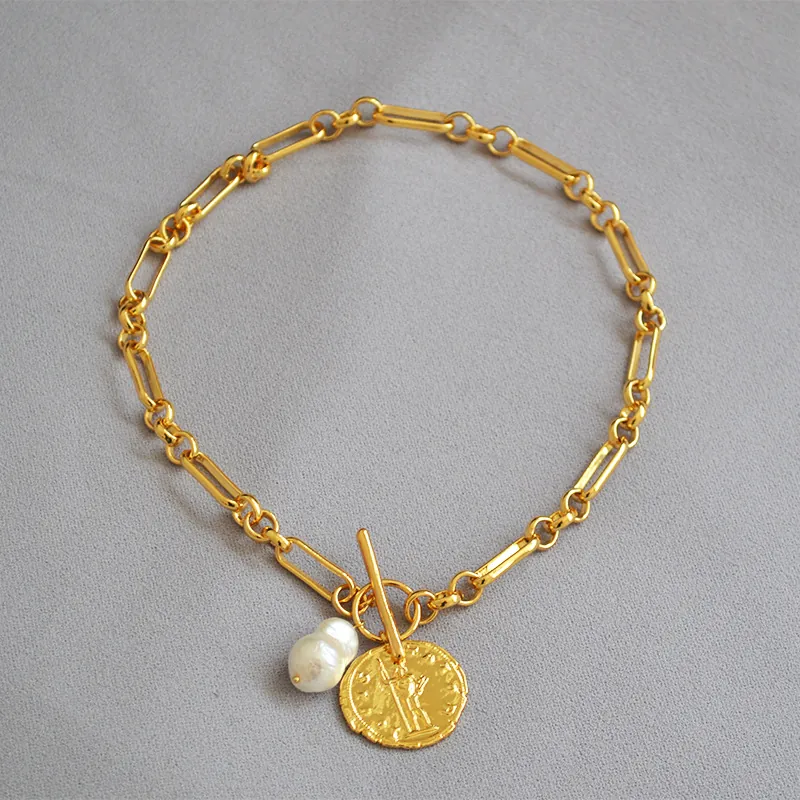 Collar Colgante Perla Barroca Artificial Moneda Cobre Chapado En Oro Cadena Clip Cierre De Palanca Joyería Medallón Retro Para Mujer