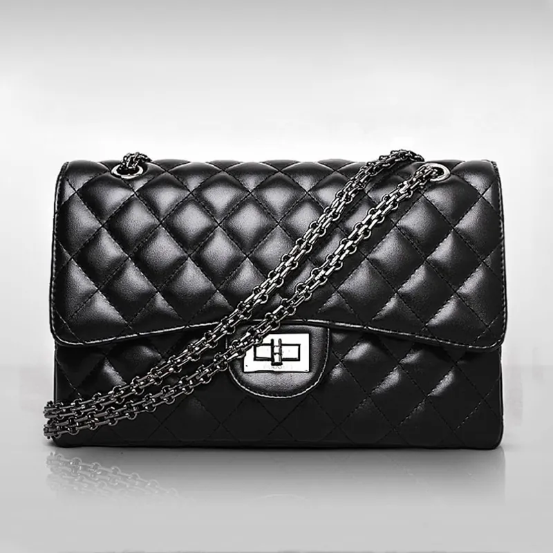 Borsa a Tracolla da Donna con Catena Trapuntata Motivo a Rombi Chiusura a Scatto Classica Borsa Quadrata Elegante Moda Top