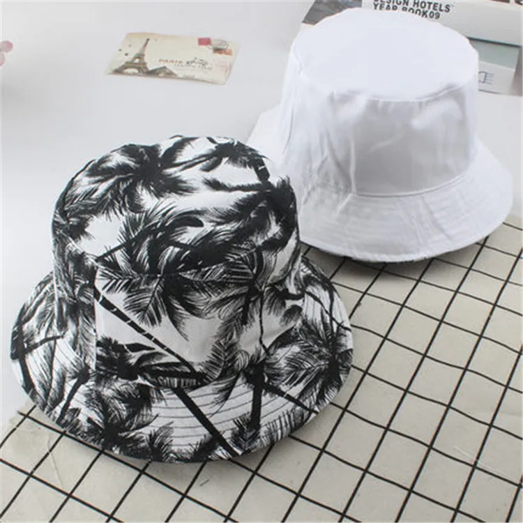 Reversible Polyester Bucket Hat For Men Women Casual Outdoor Sun Protection Coconut Tree Pineapple Floral Printed Sun Hat
