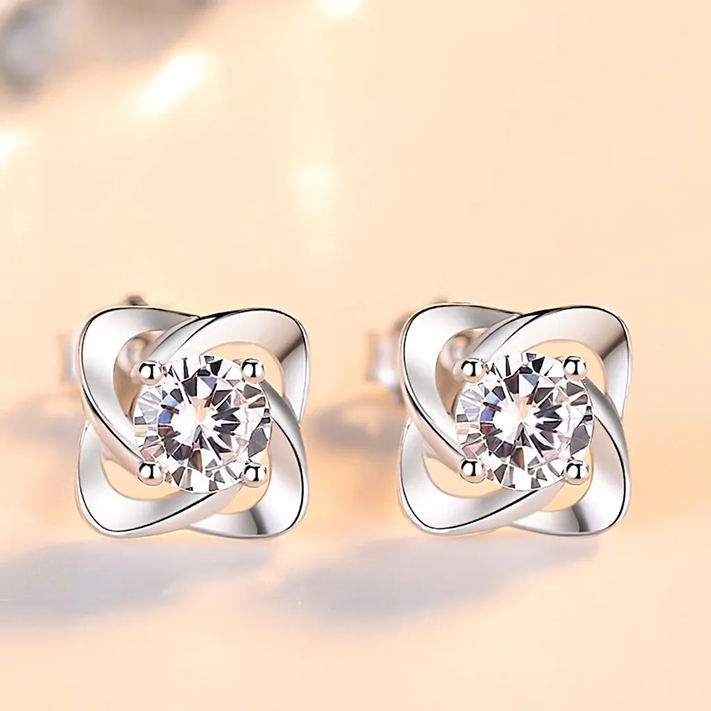 999 Fine Silver Four Leaf Clover Stud Earrings For Women Inlaid Round Zirconia Korean Style Shiny Floral Jewelry Earrings