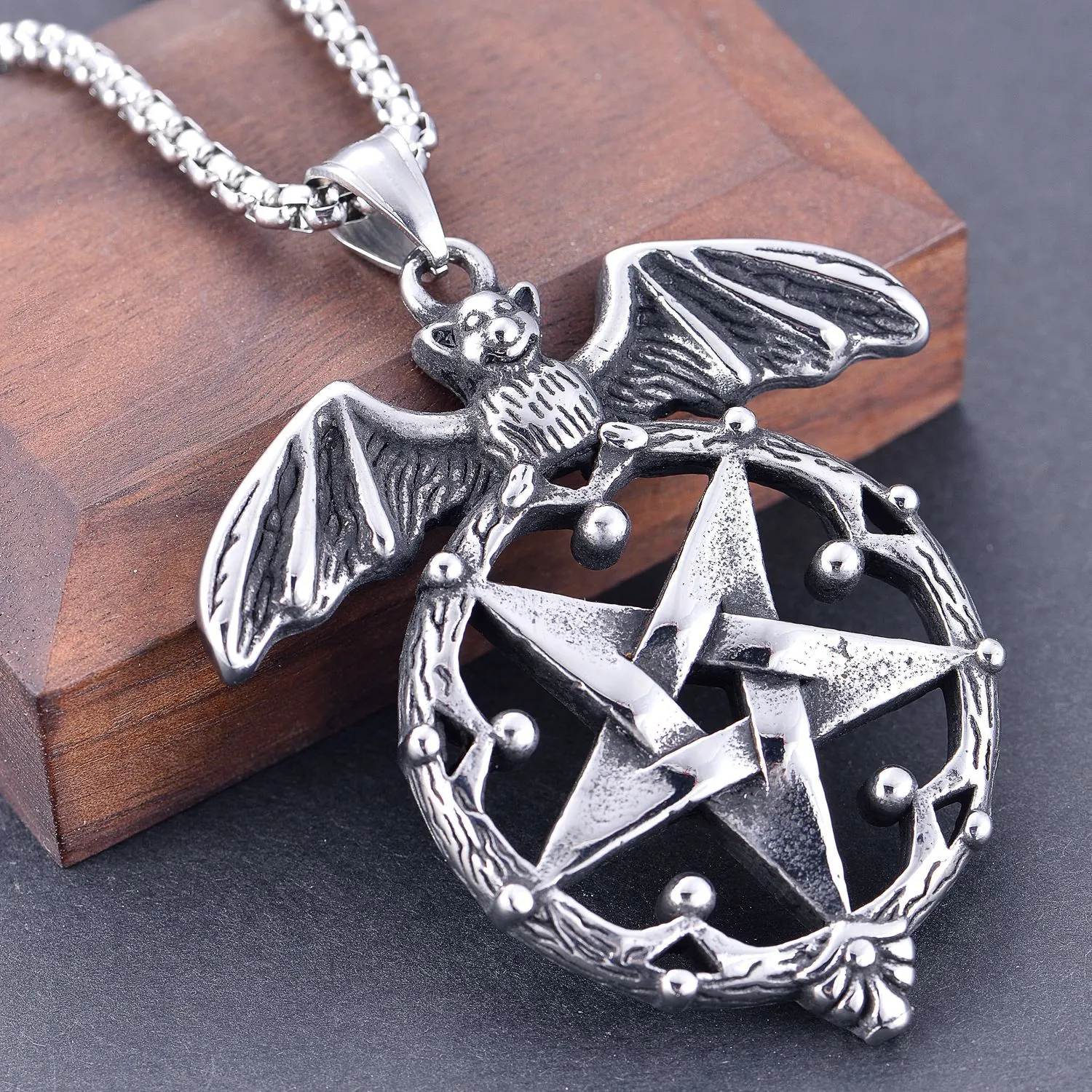 Collier Pendentif Pentagramme Chauve-Souris Gothique Acier Inoxydable Bijoux Punk Hip Hop Pour Hommes