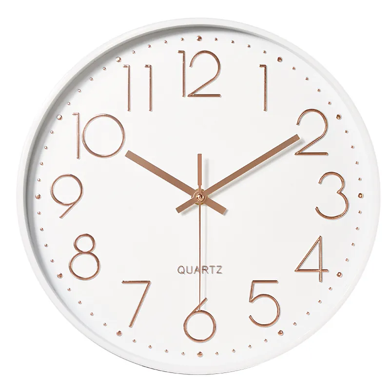 Silent Quartz Movement Round Wall Clock Plastic Frame Glass Cover Arabic Numerals For Living Room Office Home Decor