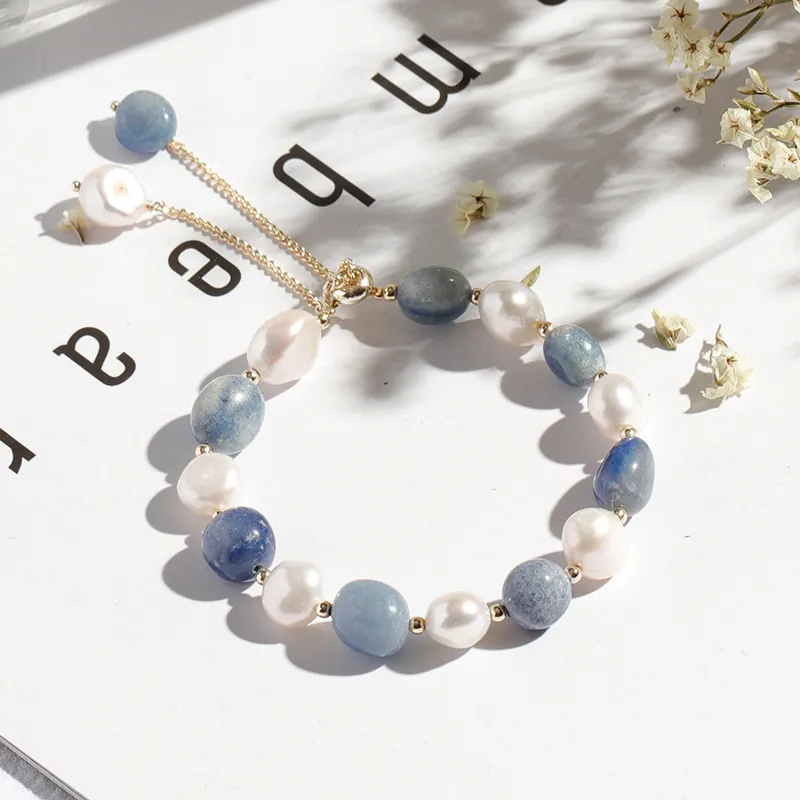 Freshwater Pearl And Natural Stone Beaded Bracelet For Women Adjustable Sliding Gold Chain Minimalist Elegant Jewelry