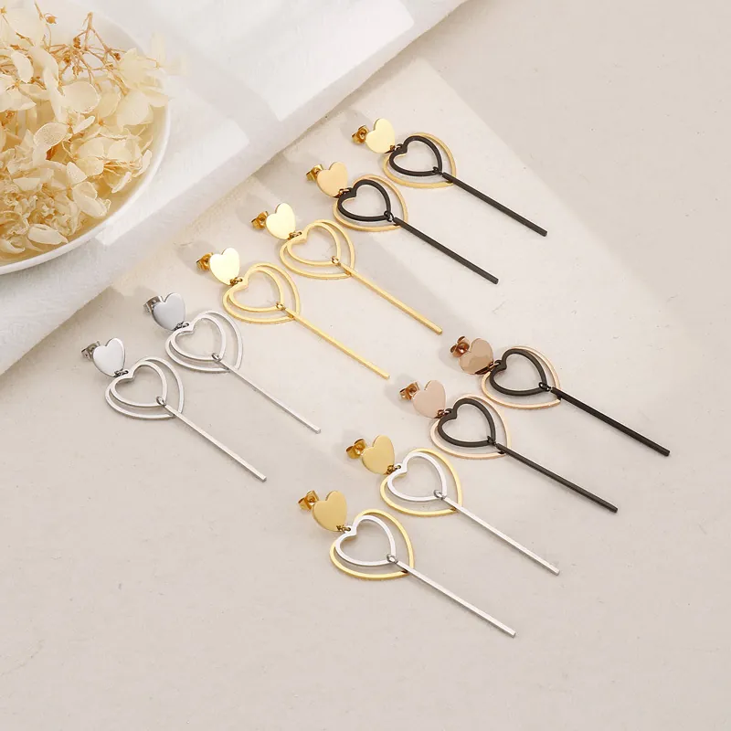 Boucles D'oreilles Pendantes En Acier Inoxydable Coeur Longues Géométriques Doubles Coeurs Creux Barre Verticale Femmes