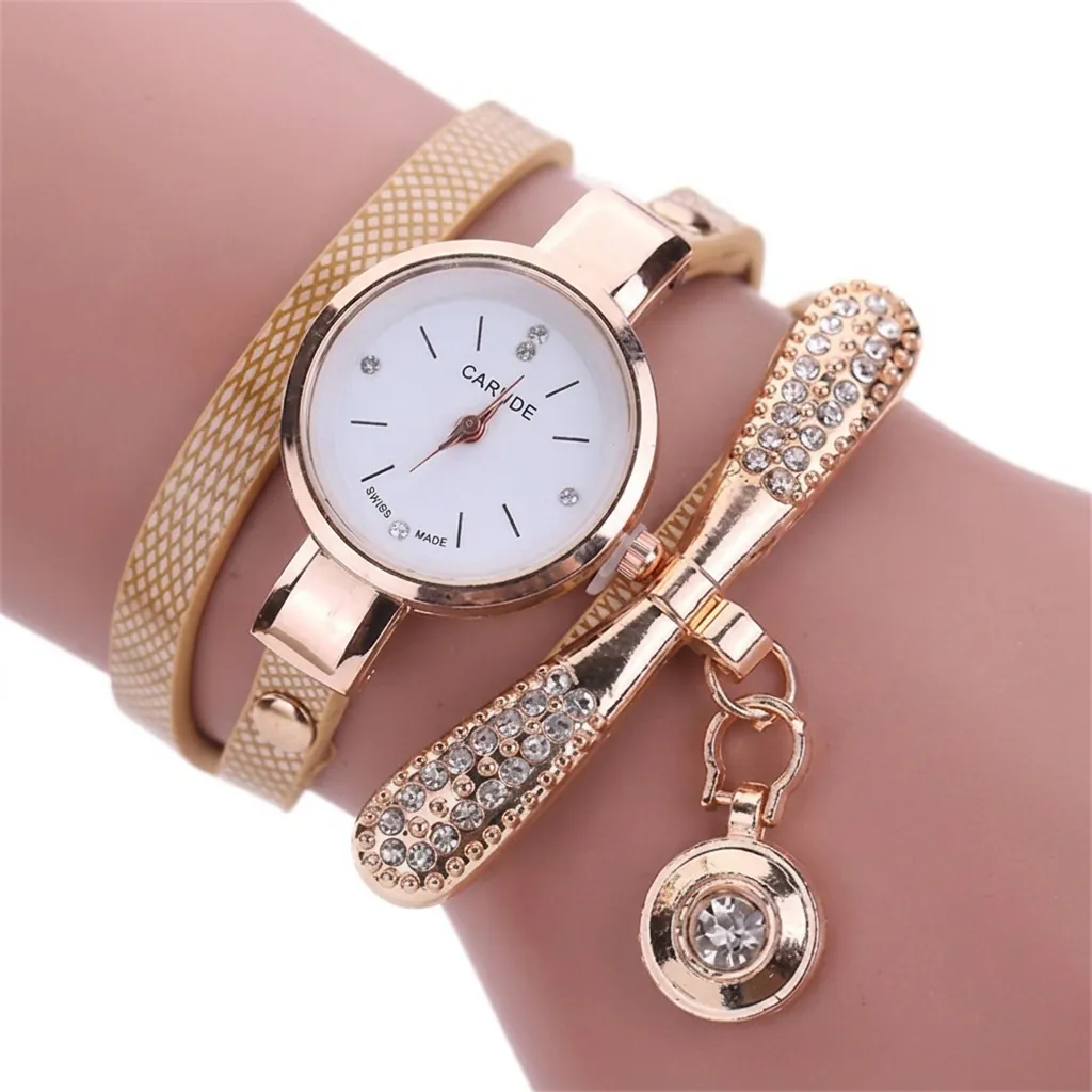 Women Quartz Bracelet Watch Multi Layer Faux Leather Winding Strap Rhinestones Dragonfly Pendant Bohemian Fashion Retro