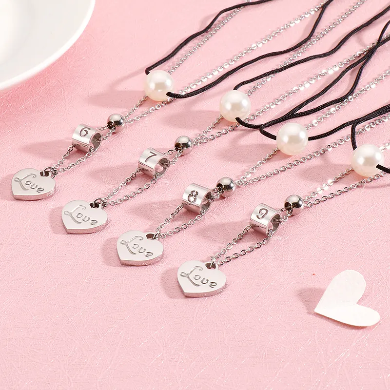 Collier Double Couche Acier Inoxydable Pendentif Coeur Love Künstliche Perle Imitation Corde Noire Cylindre Numérique Bijoux Mode