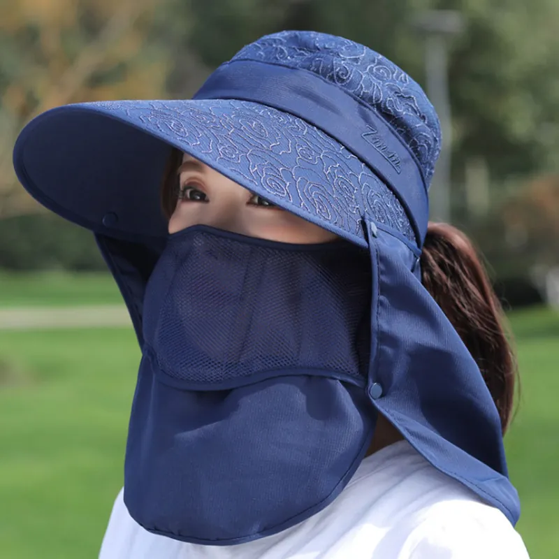 Cappello Da Sole Donna Tesa Larga Protezione UV Maschera Facciale Rimovibile Protezione Collo Foro Coda Di Cavallo Estate Traspirante