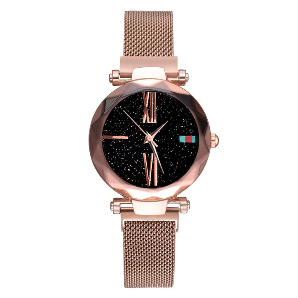 Women Quartz Watch Fashion Starry Sky Dial Milanese Magnetic Mesh Strap Elegant Cut Glass Analog Wristwatch