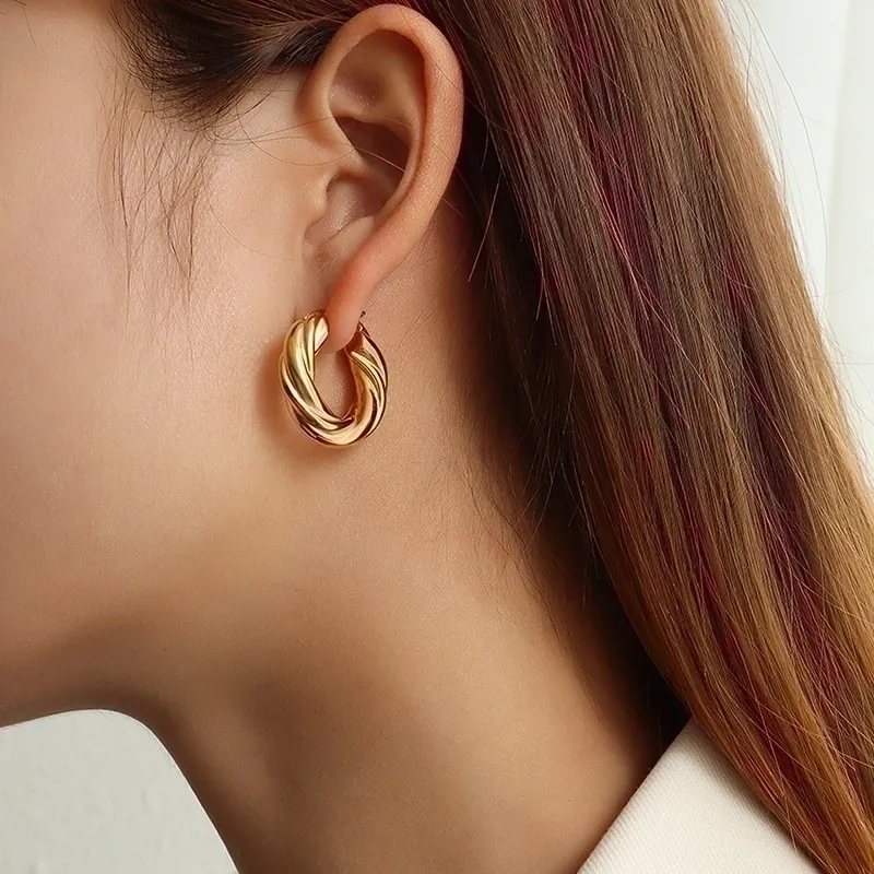 Chunky Twisted Hoop Earrings Stainless Steel 18K Gold Plated Geometric Cable Fashion Jewelry For Women