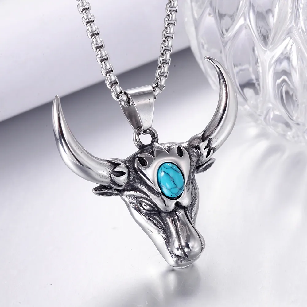Collana Con Pendente Testa Di Toro Lega Con Turchese Stile Tribale Retrò Gioielli Da Uomo Colore Argento Catena A Scatola