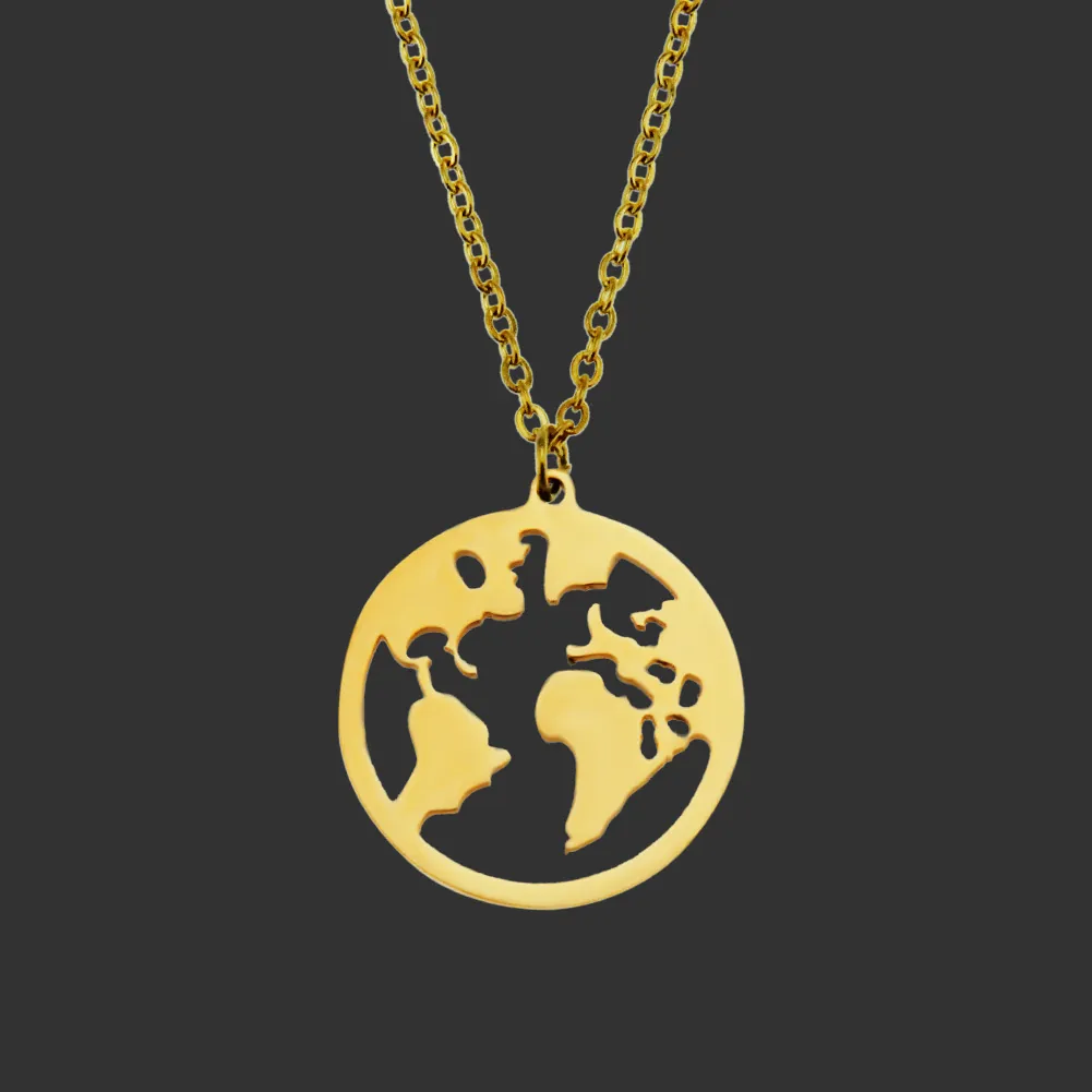 Collana Con Pendente Rotondo Mappa Del Mondo Acciaio Inossidabile Placcato Oro 18K Gioielli Mappa Donne Regalo Minimalista
