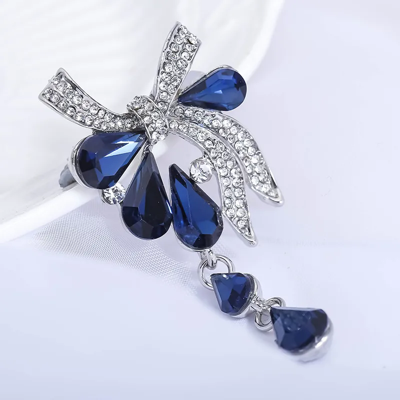 Broche Nœud Vintage Alliage Cristal Bleu Pendentif Goutte D'eau Style Palais Élégant Pour Femmes