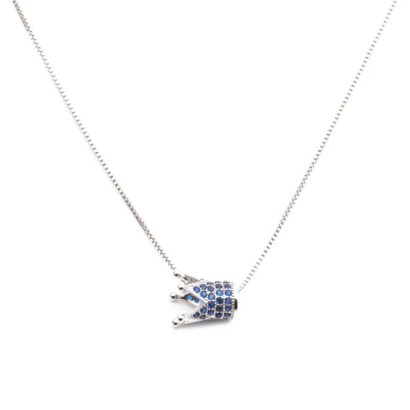 Collier Pendentif Couronne Cuivre Micro Pavé Zircone Bleu Blanc Chaîne Élégant Bijou Cadeau Femme