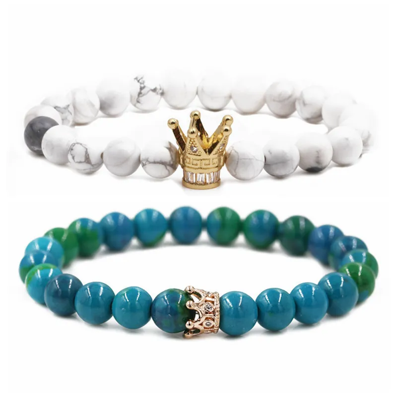 Bracelet En Perles Couronne Pierre Noire Mate Turquoise Blanche Pierre Phénix Cuivre Micro Pavé Zircone Bijoux De Couple Cadeau Tendance