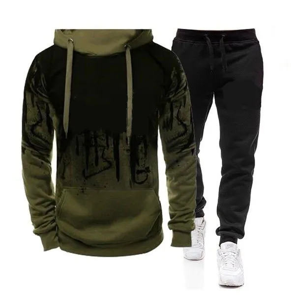 Men's Casual Polyester Splash Ink Print Hooded Sweatshirt Top And Bottom Long Sleeve Gradient Hoodie Sports Tracksuit